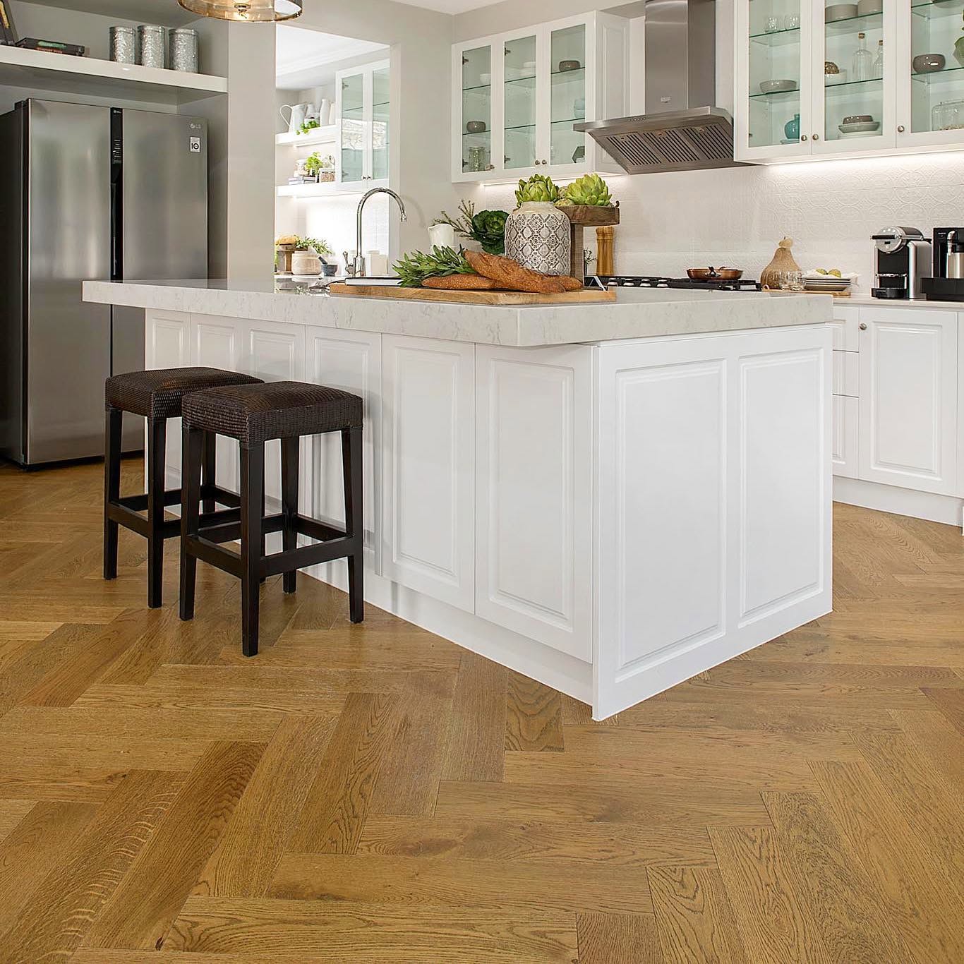 Natural herringbone oak in a white kitchen