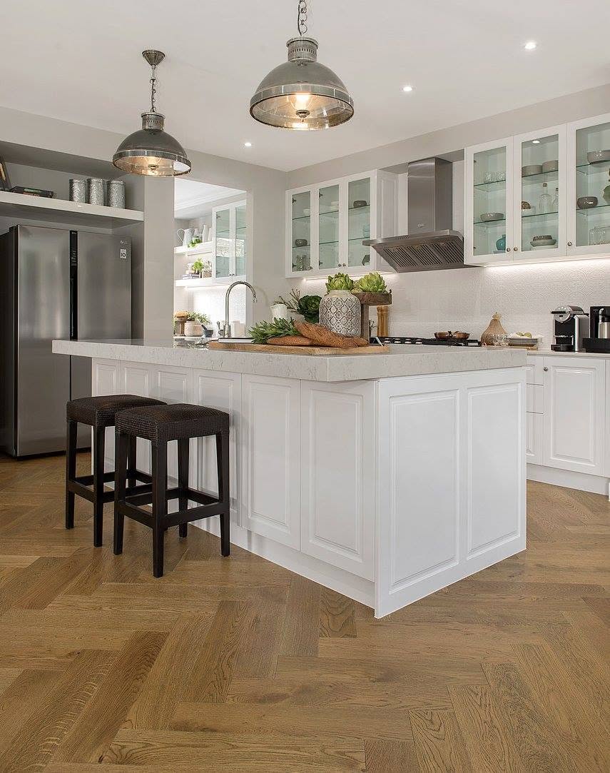 Herringbone oak in a white kitchen with an island bench